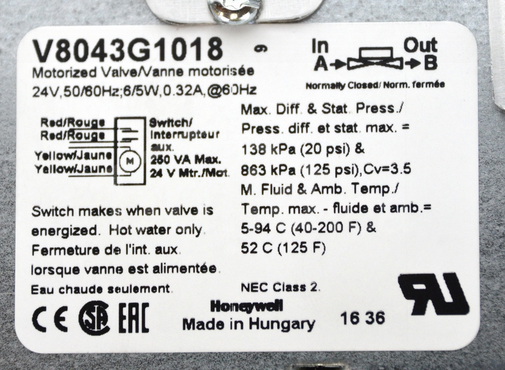 V8043G1026 : Honeywell Home 1" Sweat, 3.5 Cv, 125 PSI, End Switch, Normally Open Zone Valve Build.ca